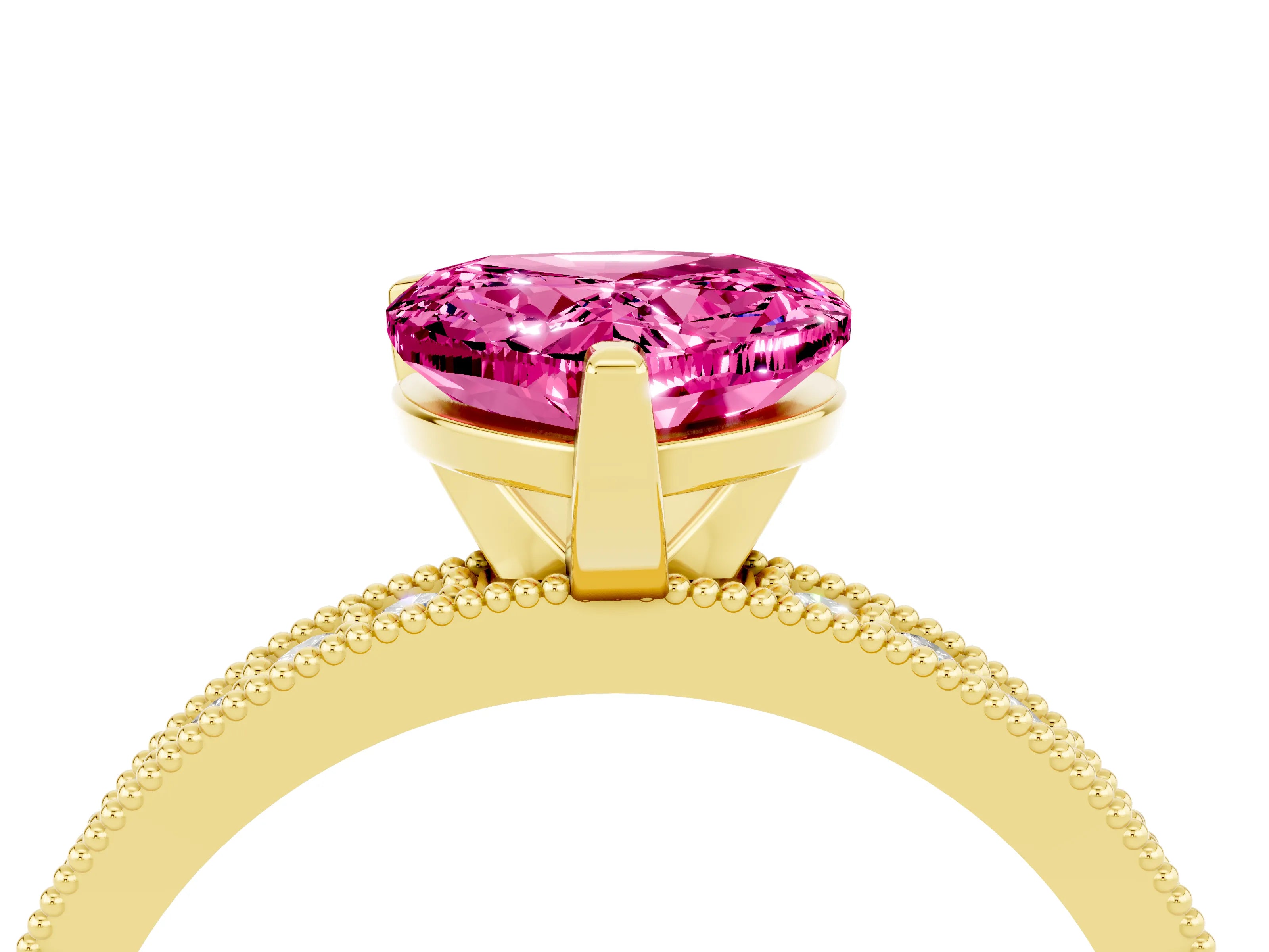 Yellow gold Heart Cut Pink Sapphire Milgrain Pavé Engagement Ring with Four-Prong Setting_40
