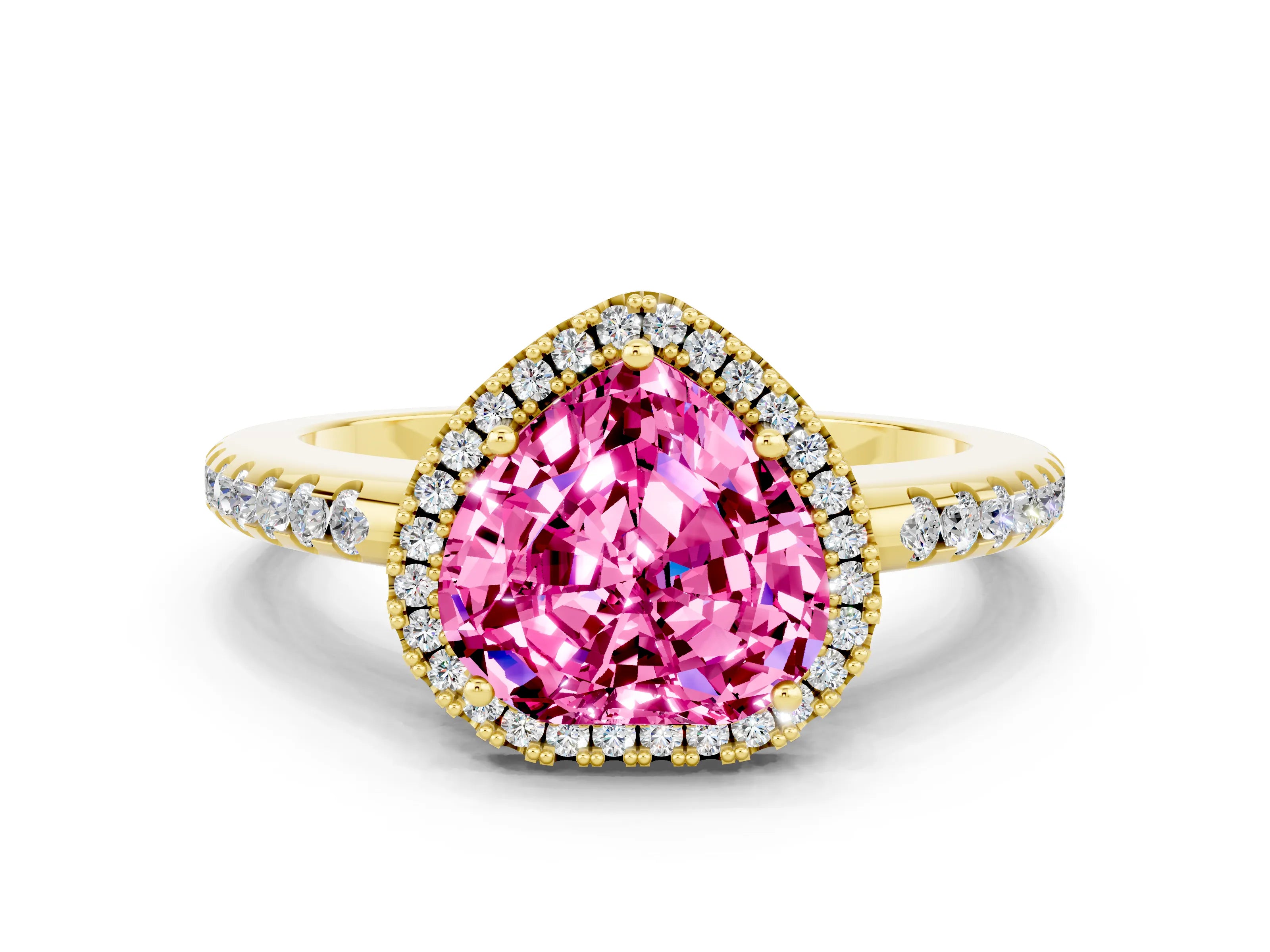 Yellow gold Heart Cut Pink Sapphire Pavé Halo Ring with Four-Prong Setting_12
