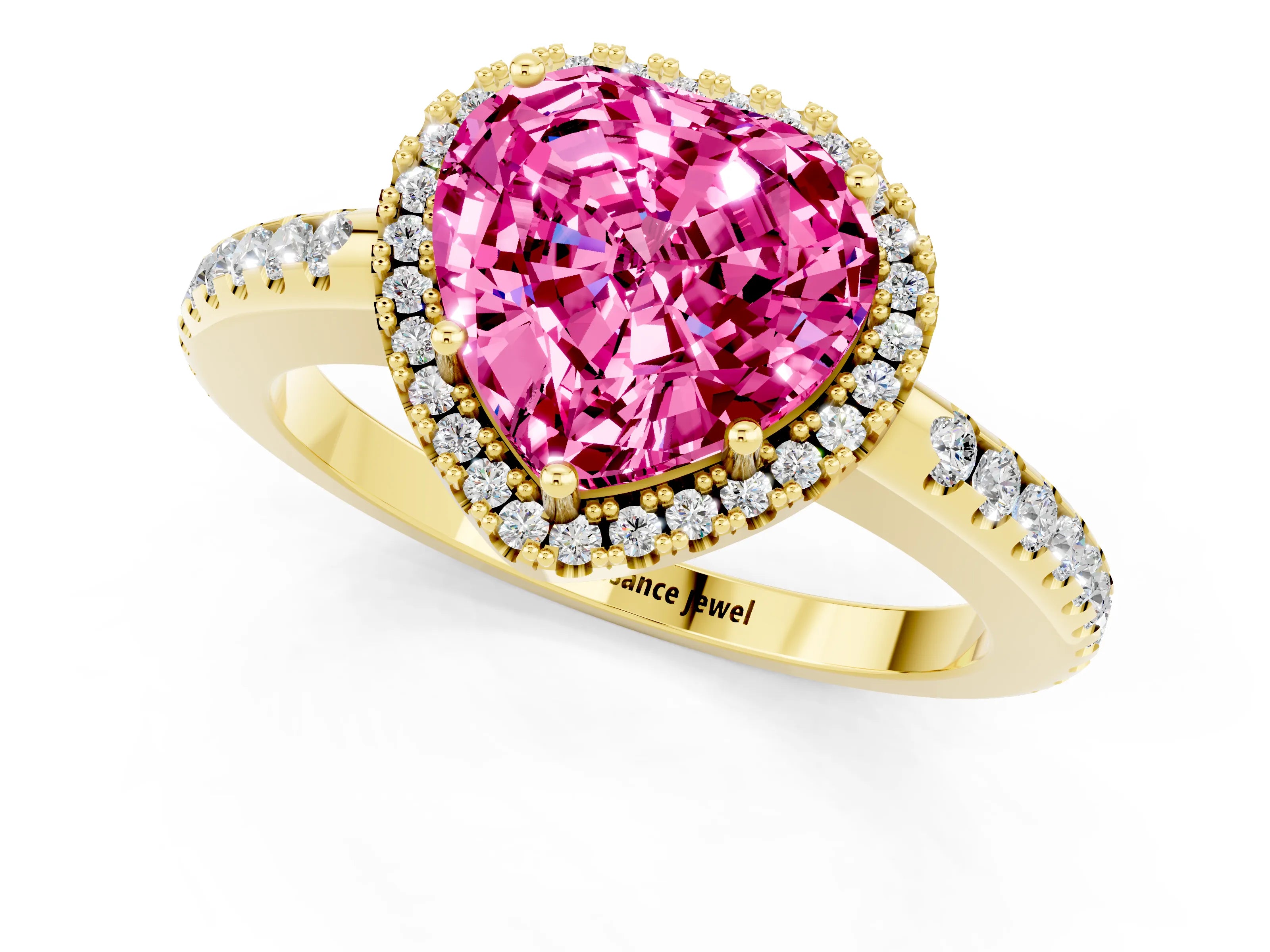 Yellow gold Heart Cut Pink Sapphire Pavé Halo Ring with Four-Prong Setting_13