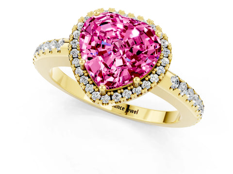 Yellow gold Heart Cut Pink Sapphire Pavé Halo Ring with Four-Prong Setting_13