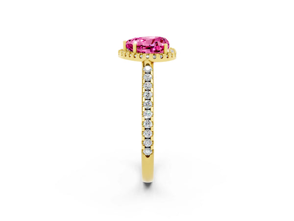 Yellow gold Heart Cut Pink Sapphire Pavé Halo Ring with Four-Prong Setting