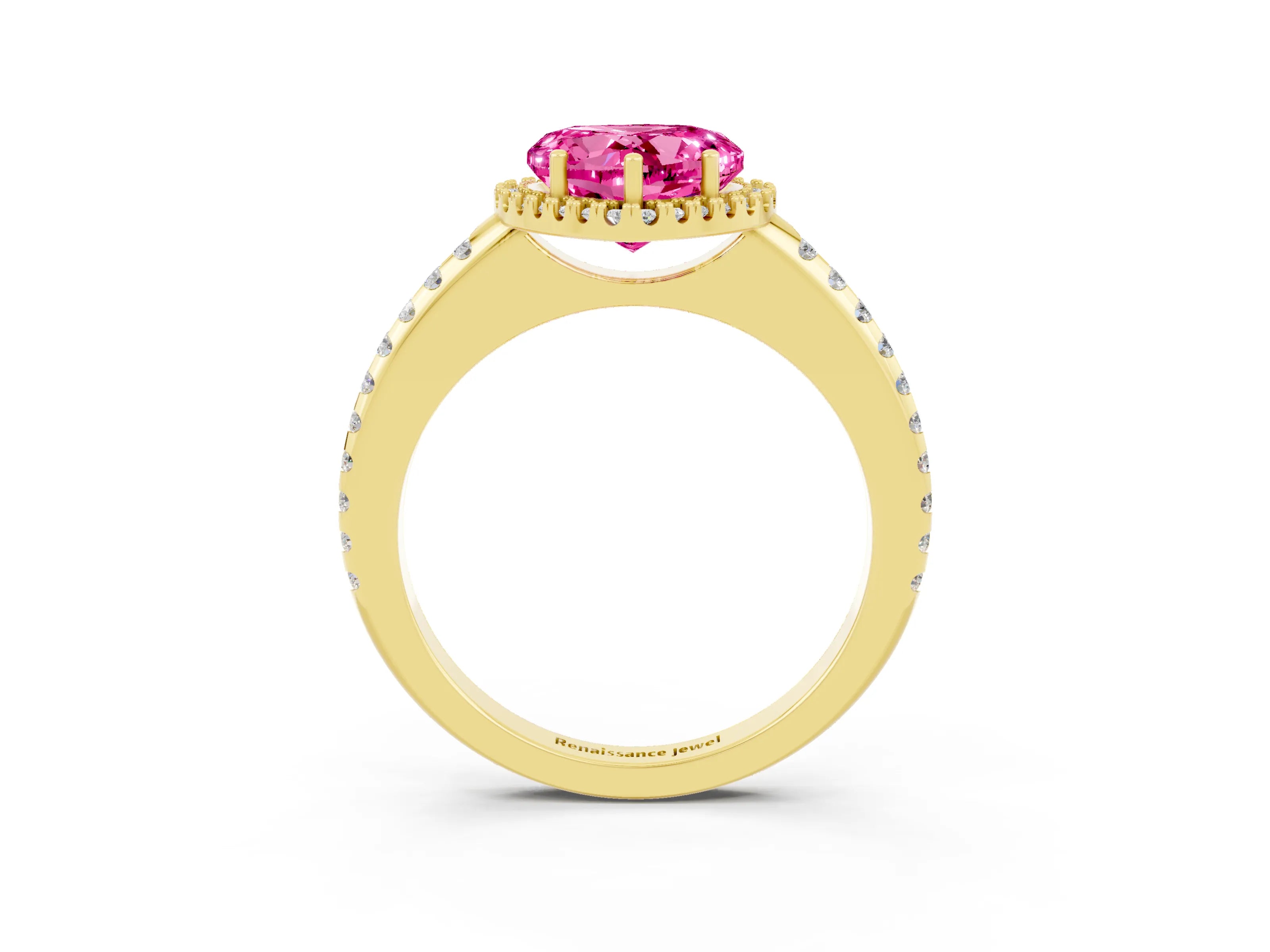 Yellow gold Heart Cut Pink Sapphire Pavé Halo Ring with Four-Prong Setting_15