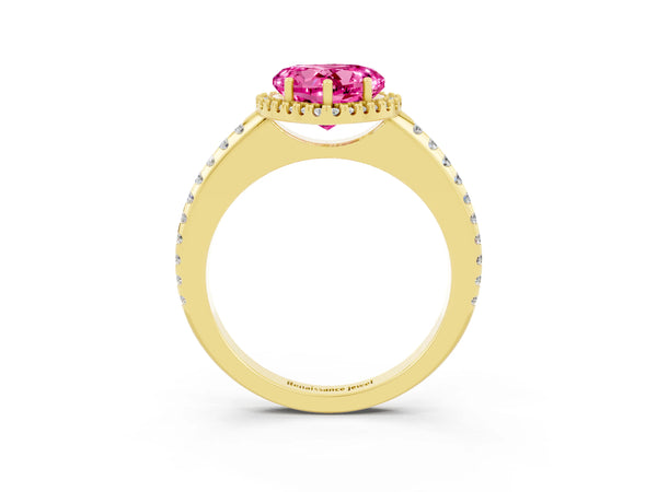 Yellow gold Heart Cut Pink Sapphire Pavé Halo Ring with Four-Prong Setting