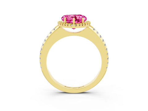 Yellow gold Heart Cut Pink Sapphire Pavé Halo Ring with Four-Prong Setting_15