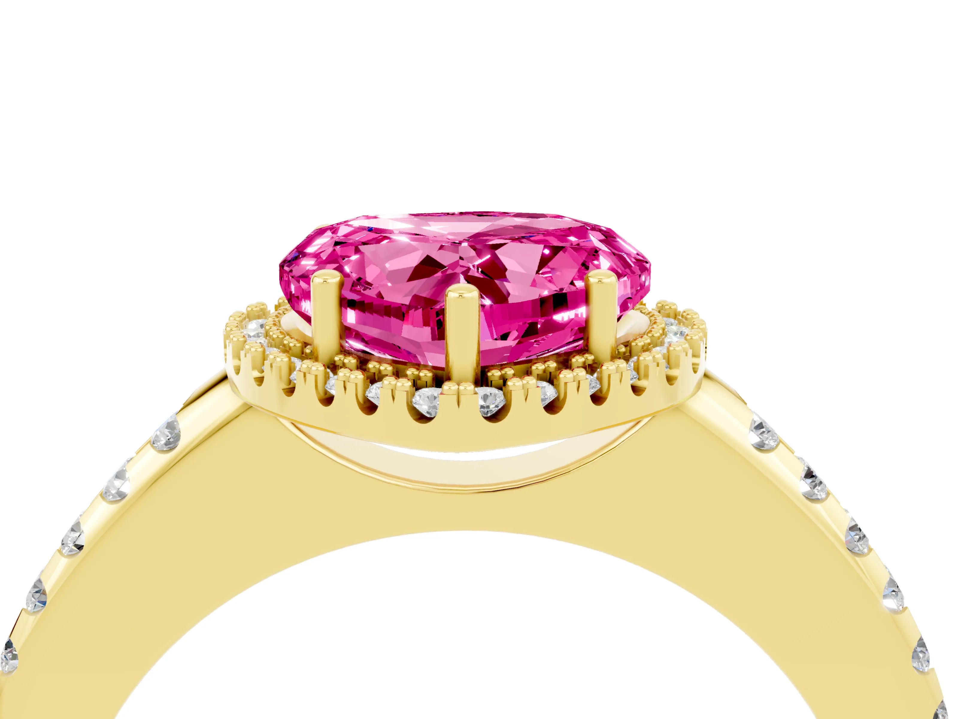 Yellow gold Heart Cut Pink Sapphire Pavé Halo Ring with Four-Prong Setting_16