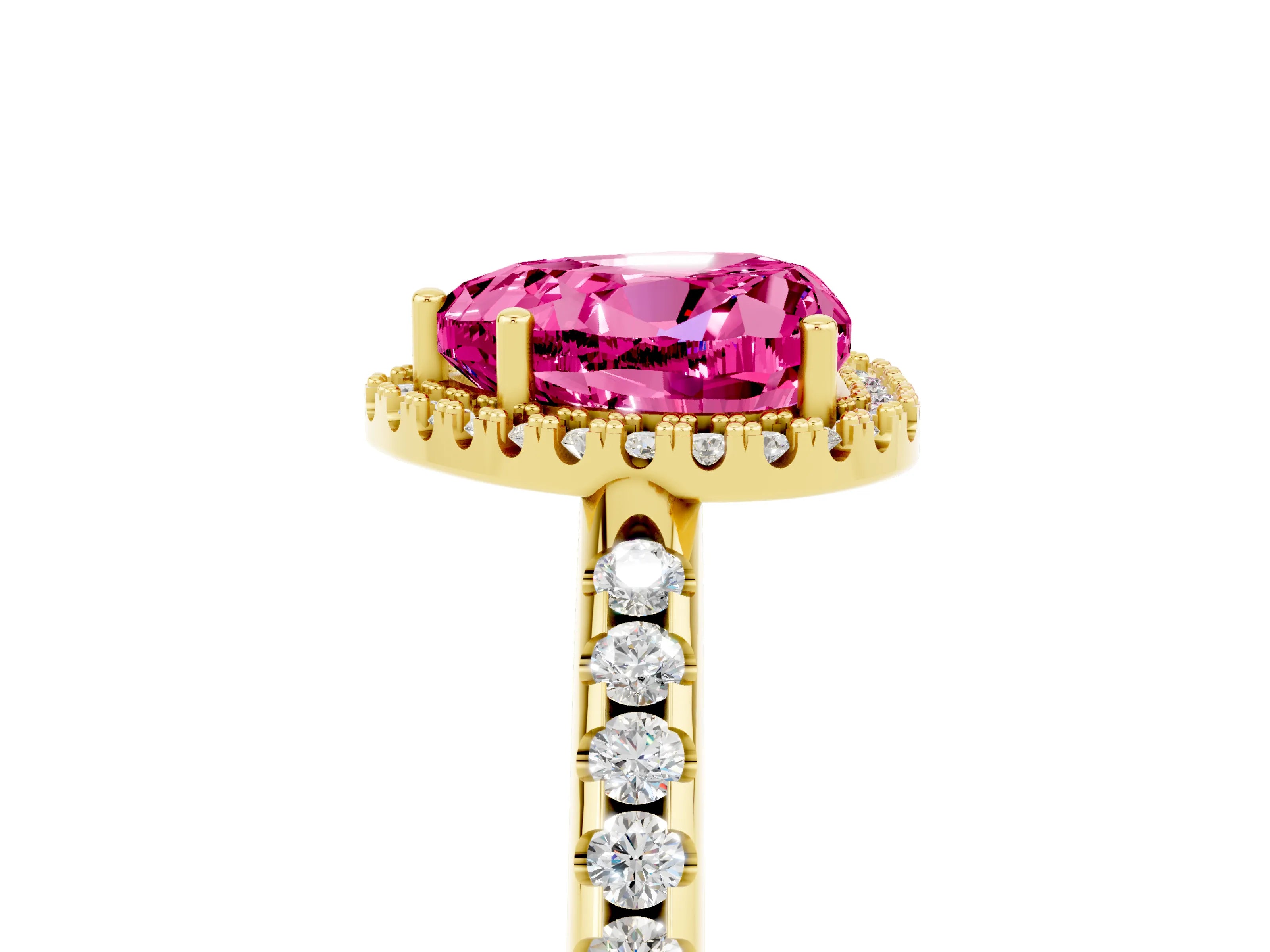 Yellow gold Heart Cut Pink Sapphire Pavé Halo Ring with Four-Prong Setting_17
