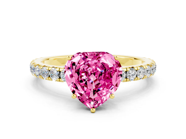 Yellow gold Heart Cut Pink Sapphire Pavé Solitaire Engagement Ring with Four-Prong Setting