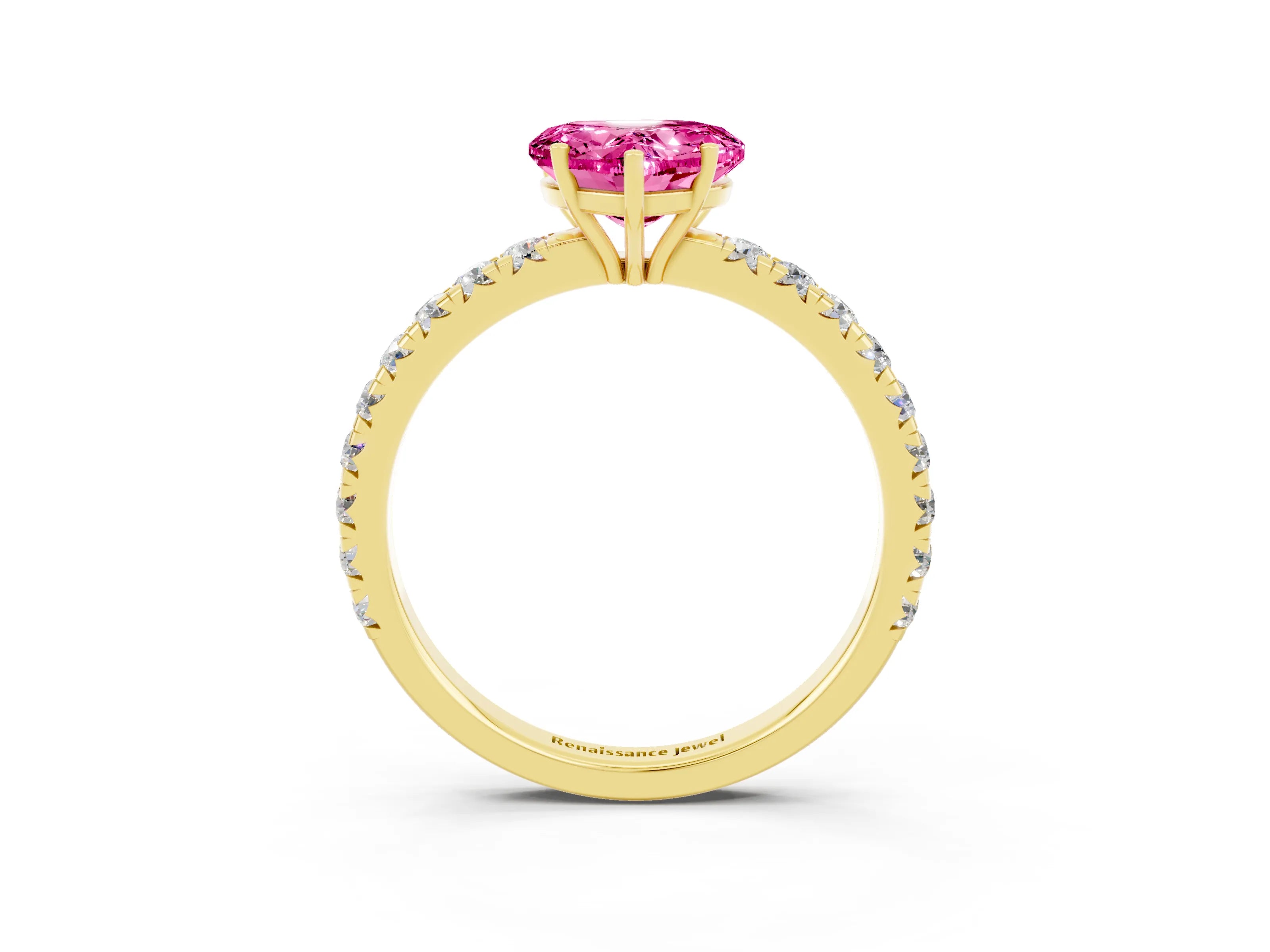 Yellow gold Heart Cut Pink Sapphire Pavé Solitaire Engagement Ring with Four-Prong Setting_15