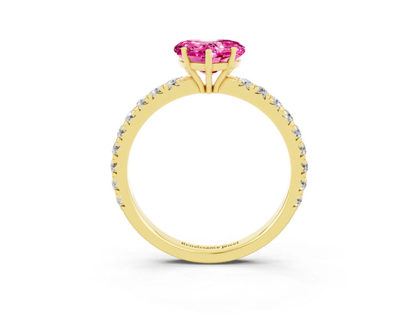 Yellow gold Heart Cut Pink Sapphire Pavé Solitaire Engagement Ring with Four-Prong Setting