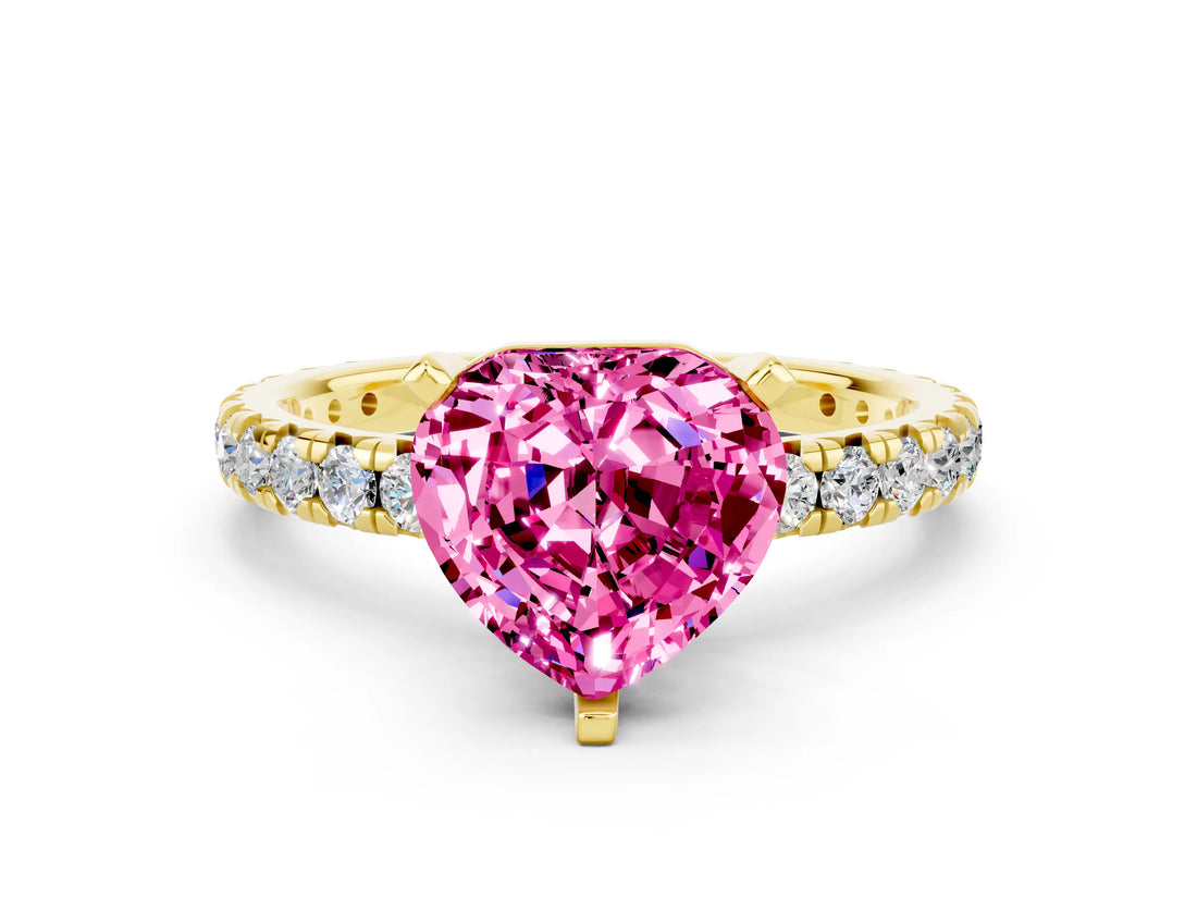 Yellow gold Heart Cut Pink Sapphire Pavé Solitaire Ring with Round Band and Prong Setting_24
