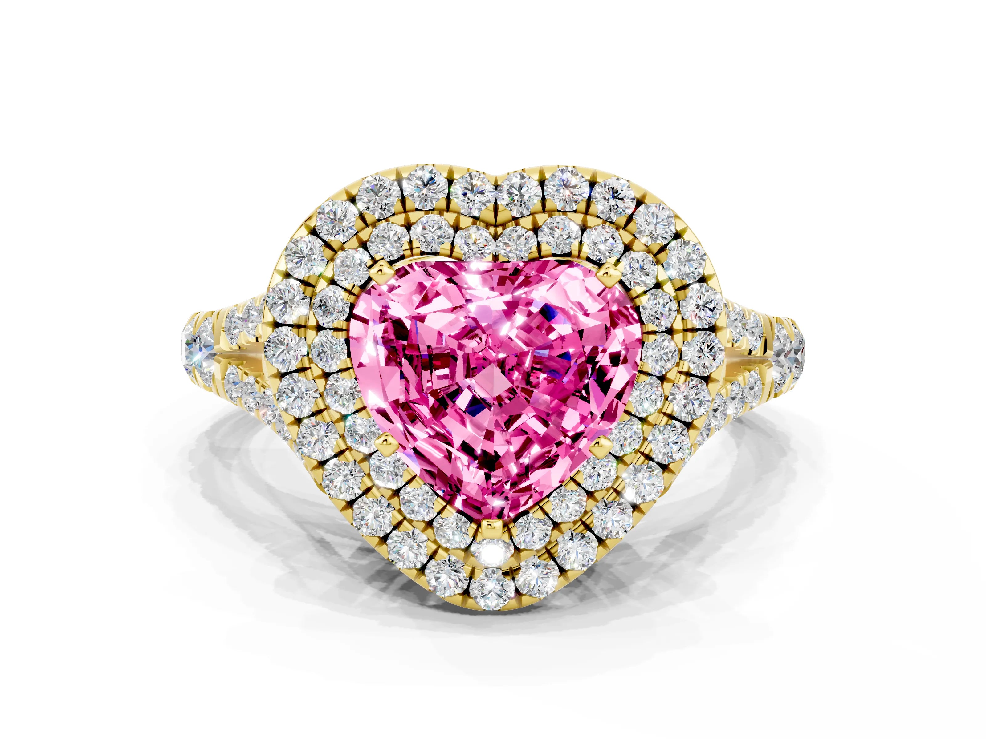 Yellow gold Heart Cut Pink Sapphire Pavé Split Shank Double Halo Engagement Ring