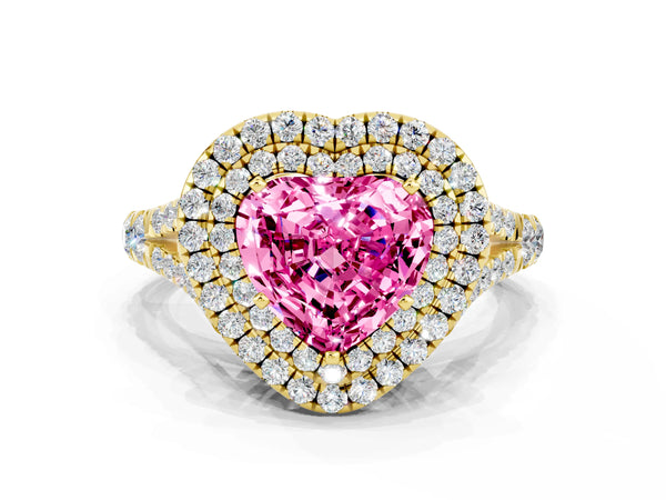 Yellow gold Heart Cut Pink Sapphire Pavé Split Shank Double Halo Engagement Ring