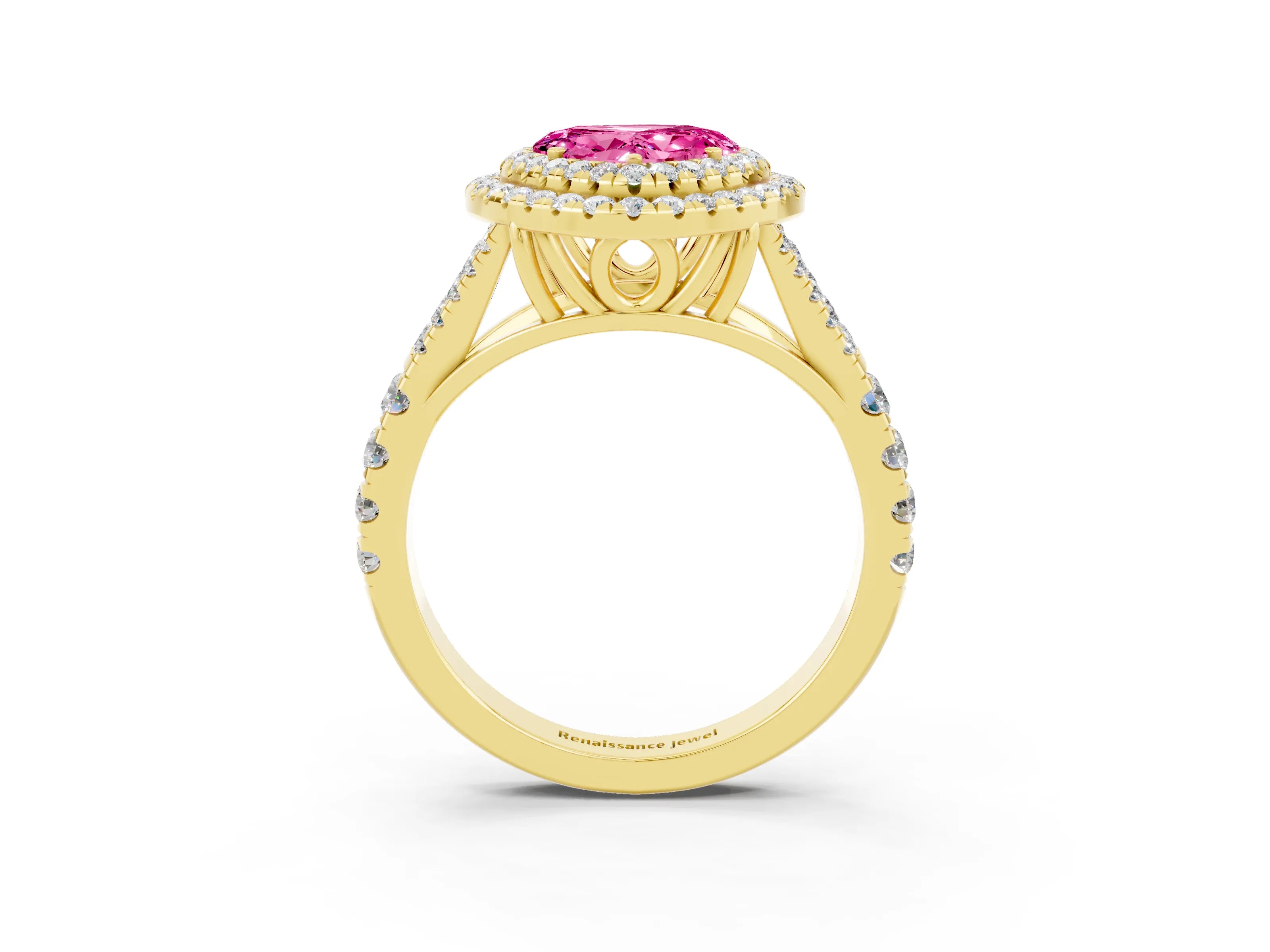 Yellow gold Heart Cut Pink Sapphire Pavé Split Shank Double Halo Engagement Ring_3