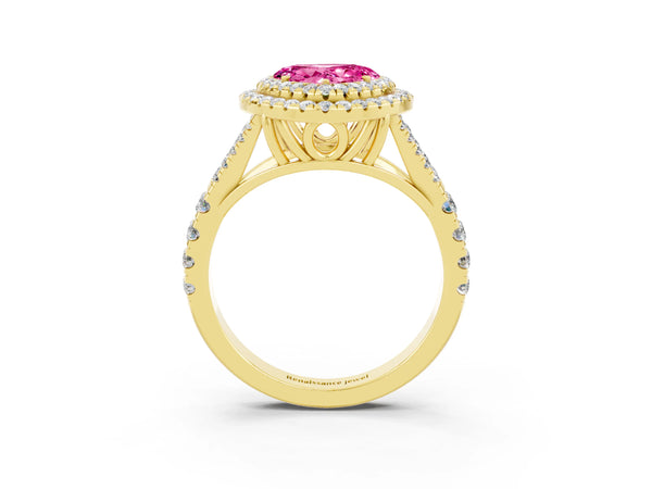 Yellow gold Heart Cut Pink Sapphire Pavé Split Shank Double Halo Engagement Ring
