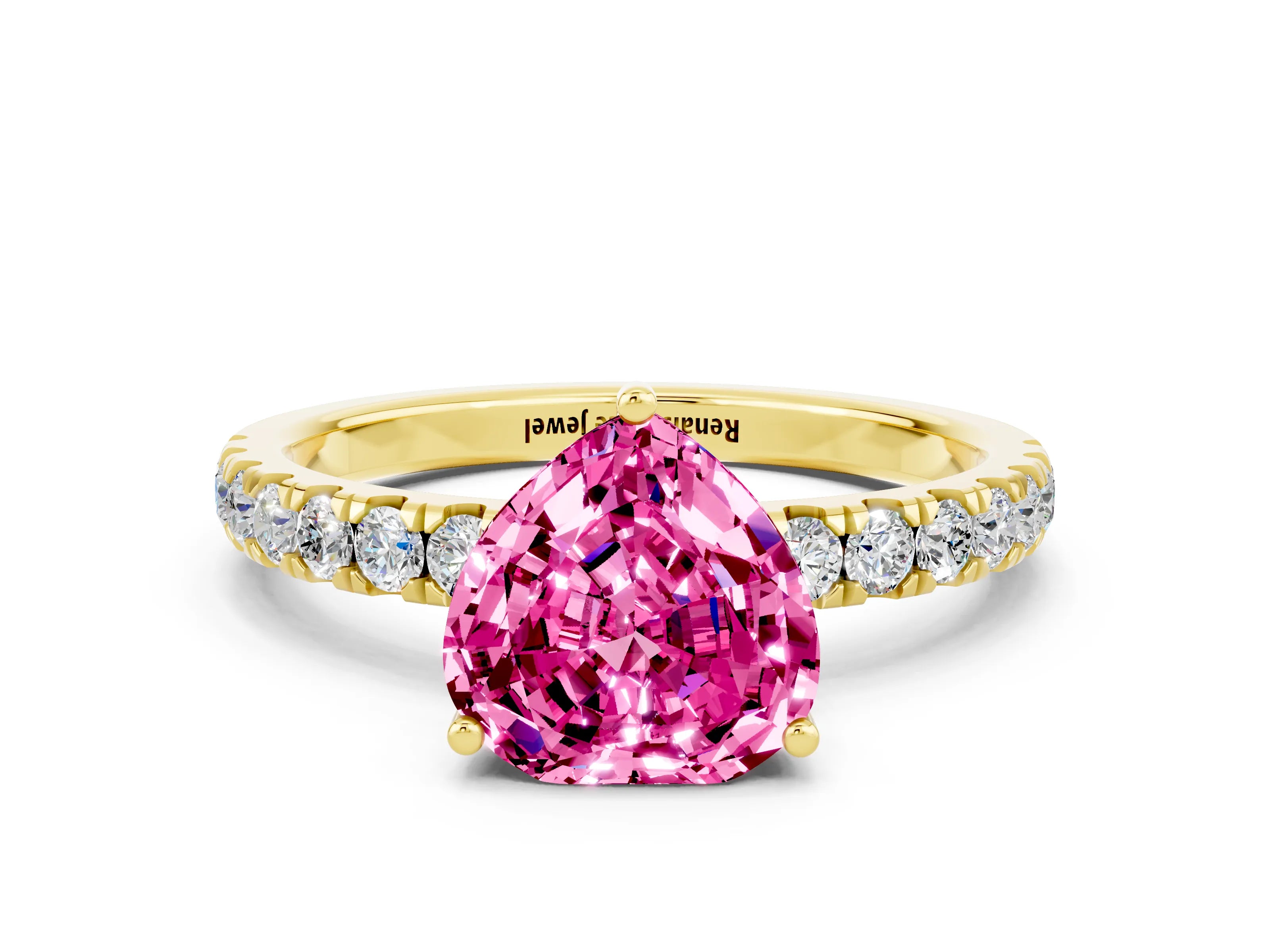 Yellow gold Heart Cut Pink Sapphire Pave Band Solitaire Ring with Four-Prong Setting_60