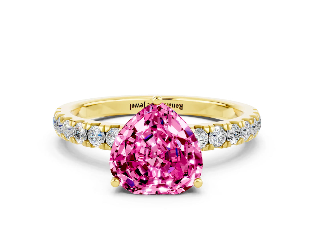Yellow gold Heart Cut Pink Sapphire Pave Band Solitaire Ring with Four-Prong Setting_60