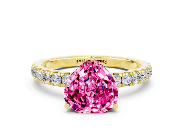 Yellow gold Heart Cut Pink Sapphire Pave Band Solitaire Ring with Round  and Prong Setting
