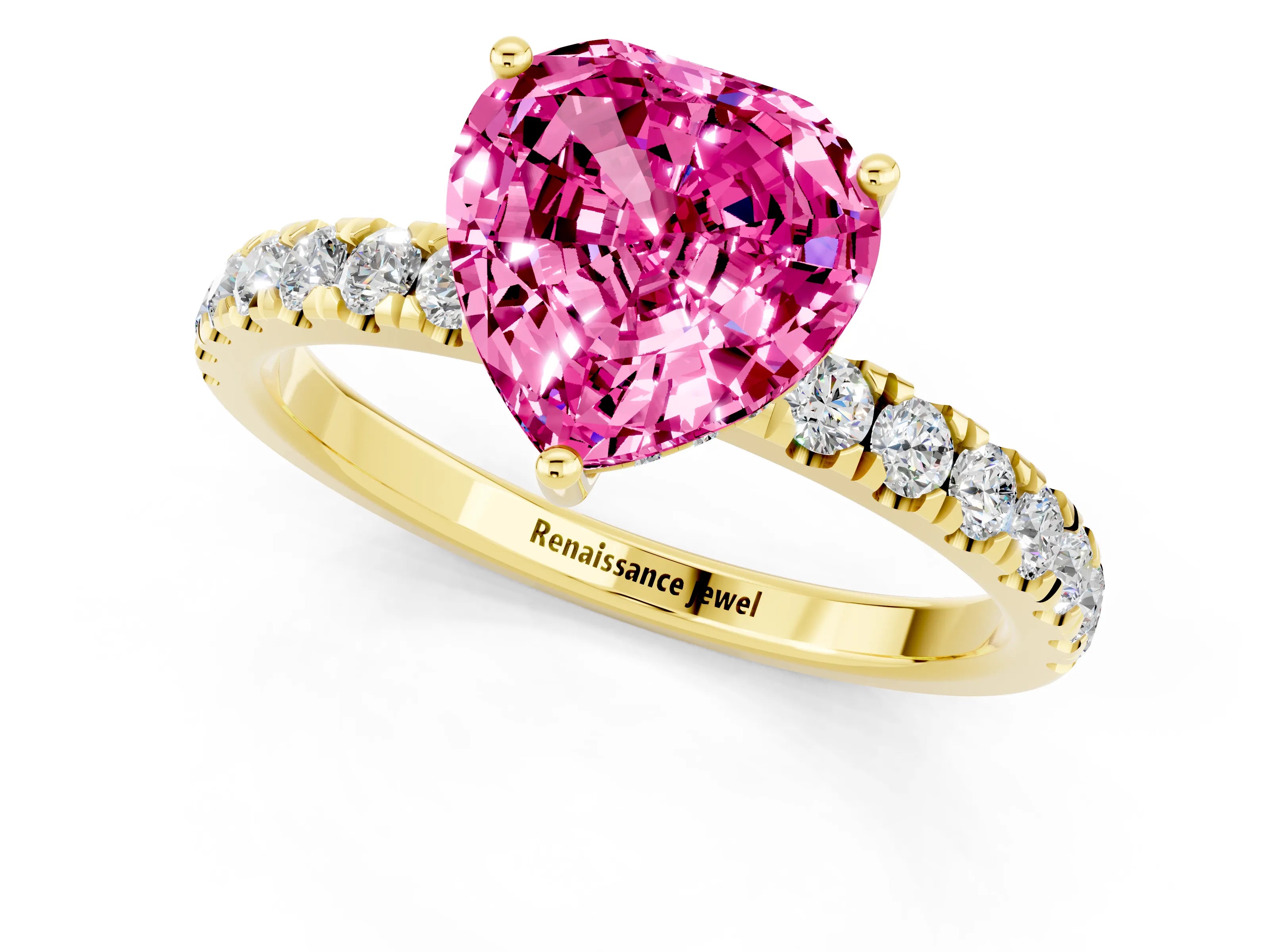 Yellow gold Heart Cut Pink Sapphire Pave Band Solitaire Ring with Four-Prong Setting_61