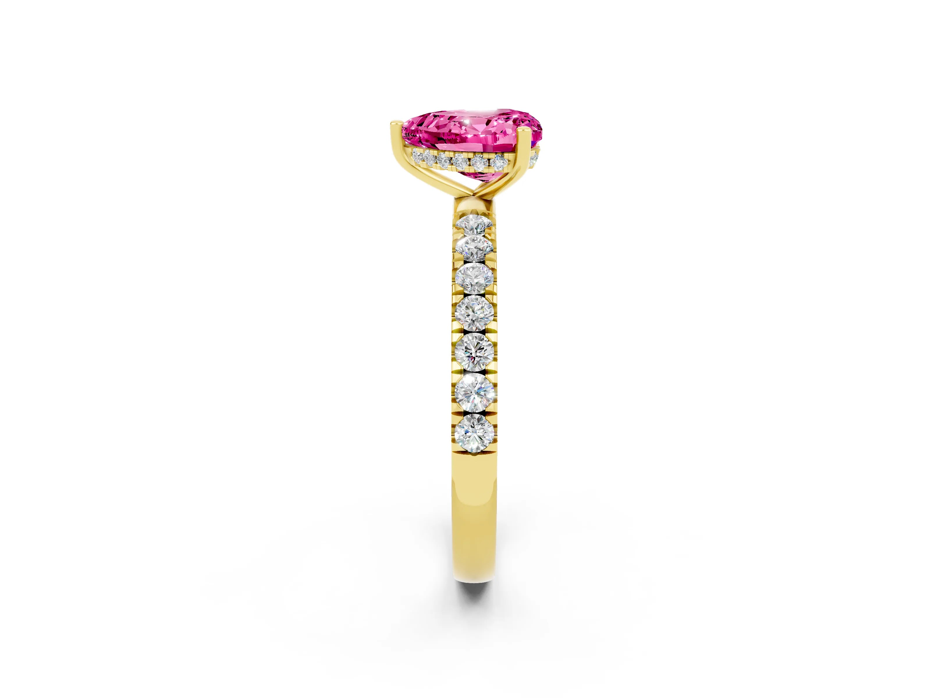 Yellow gold Heart Cut Pink Sapphire Pave Band Solitaire Ring with Four-Prong Setting_62