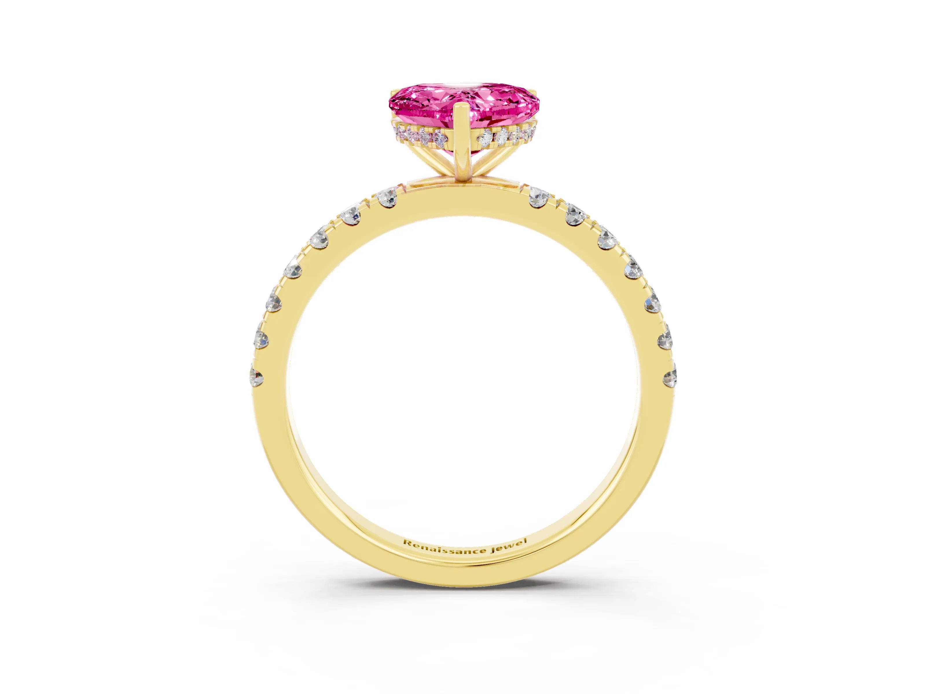 Yellow gold Heart Cut Pink Sapphire Pave Band Solitaire Ring with Four-Prong Setting_63