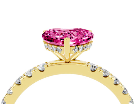 Yellow gold Heart Cut Pink Sapphire Pave Band Solitaire Ring with Four-Prong Setting_64