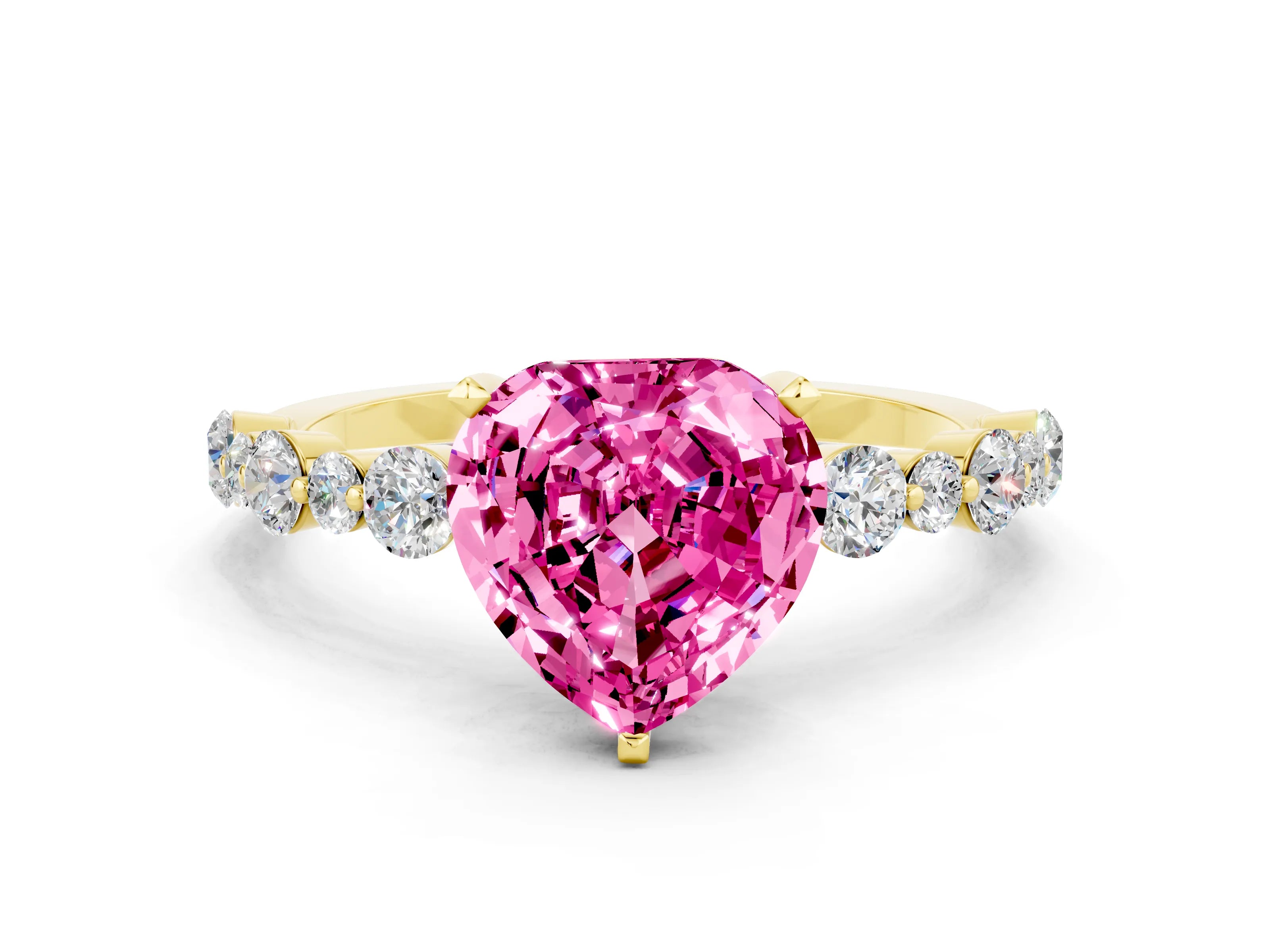 Yellow gold Heart Cut Pink Sapphire Prong Set Engagement Ring with Pavé Band_12