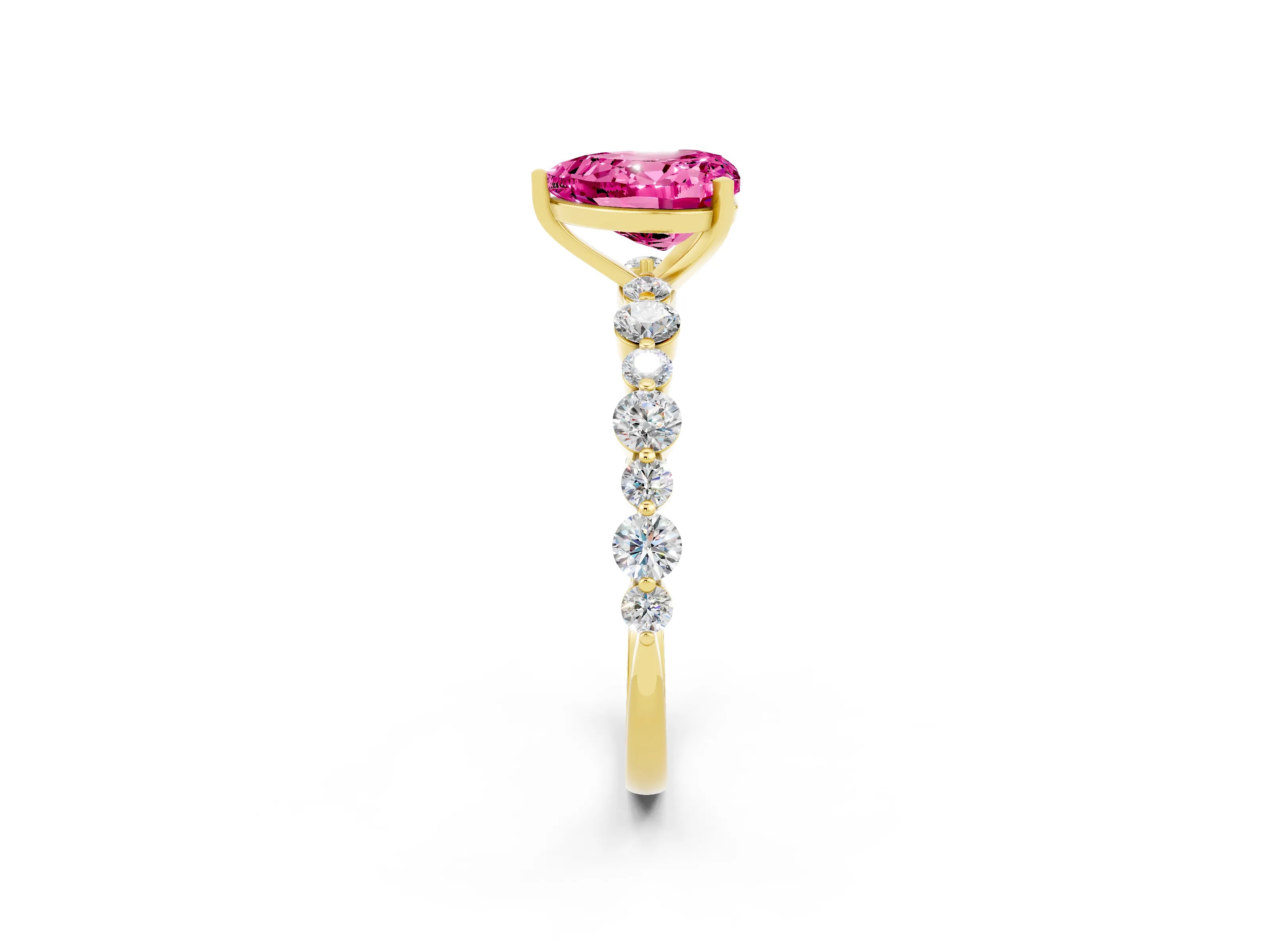Yellow gold Heart Cut Pink Sapphire Prong Set Engagement Ring with Pavé Band_14
