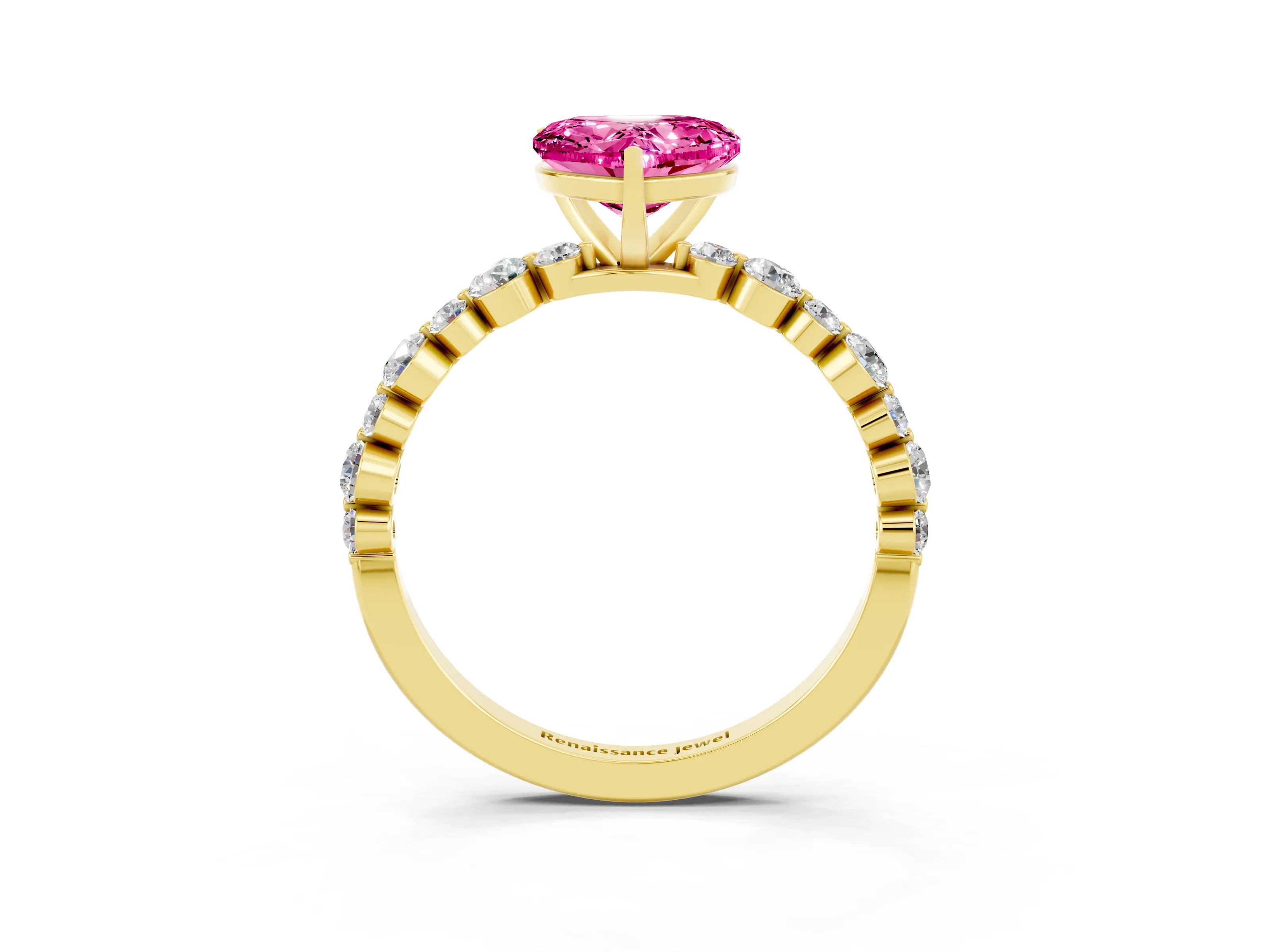 Yellow gold Heart Cut Pink Sapphire Prong Set Engagement Ring with Pavé Band_15