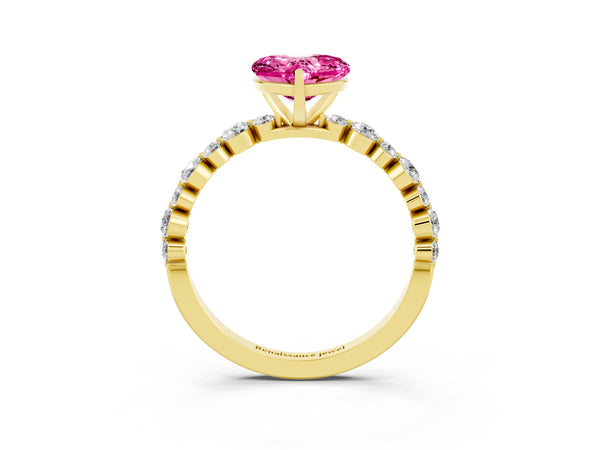 Yellow gold Heart Cut Pink Sapphire Prong Set Engagement Ring with Pavé Band