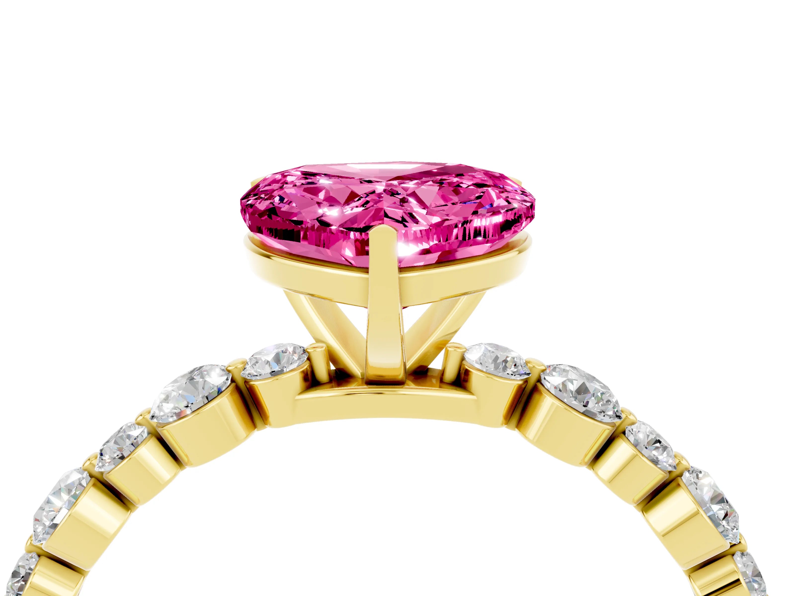 Yellow gold Heart Cut Pink Sapphire Prong Set Engagement Ring with Pavé Band_16