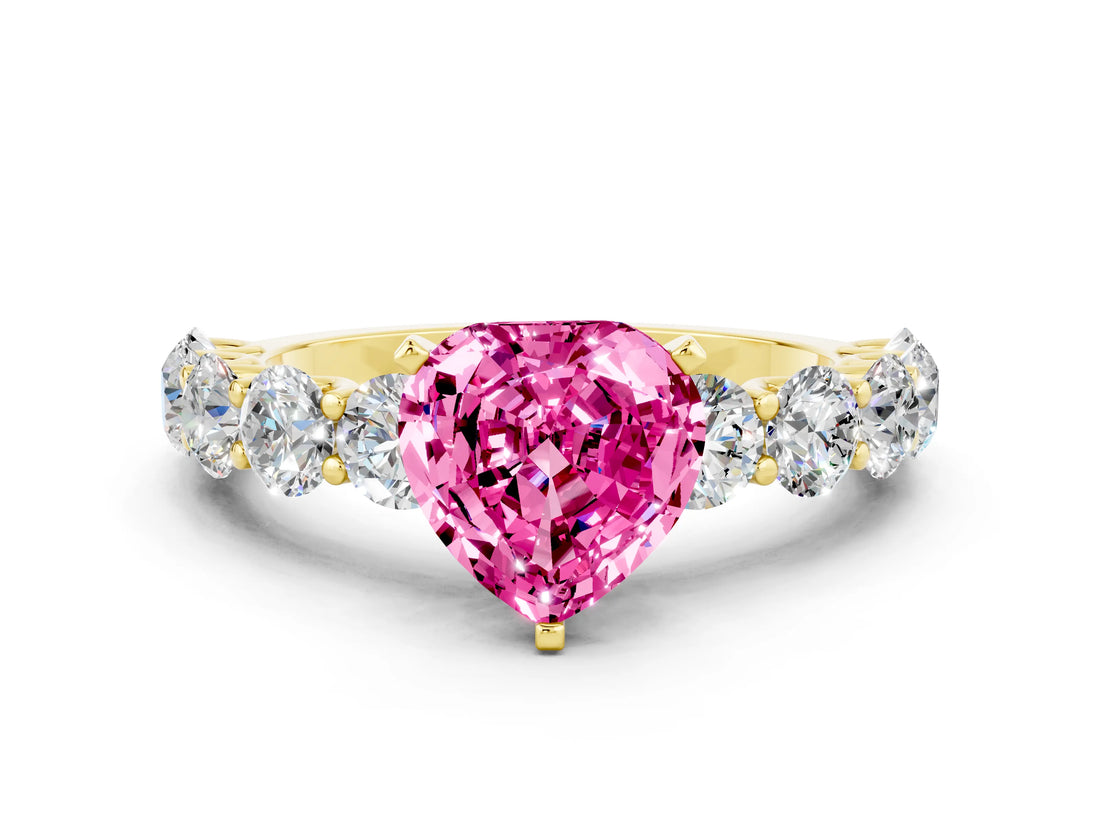 Yellow gold Heart Cut Pink Sapphire Prong Setting with Side Stones on a Pave Band_24