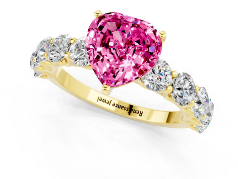 Yellow gold Heart Cut Pink Sapphire Prong Setting with Side Stones on a Pave Band_25