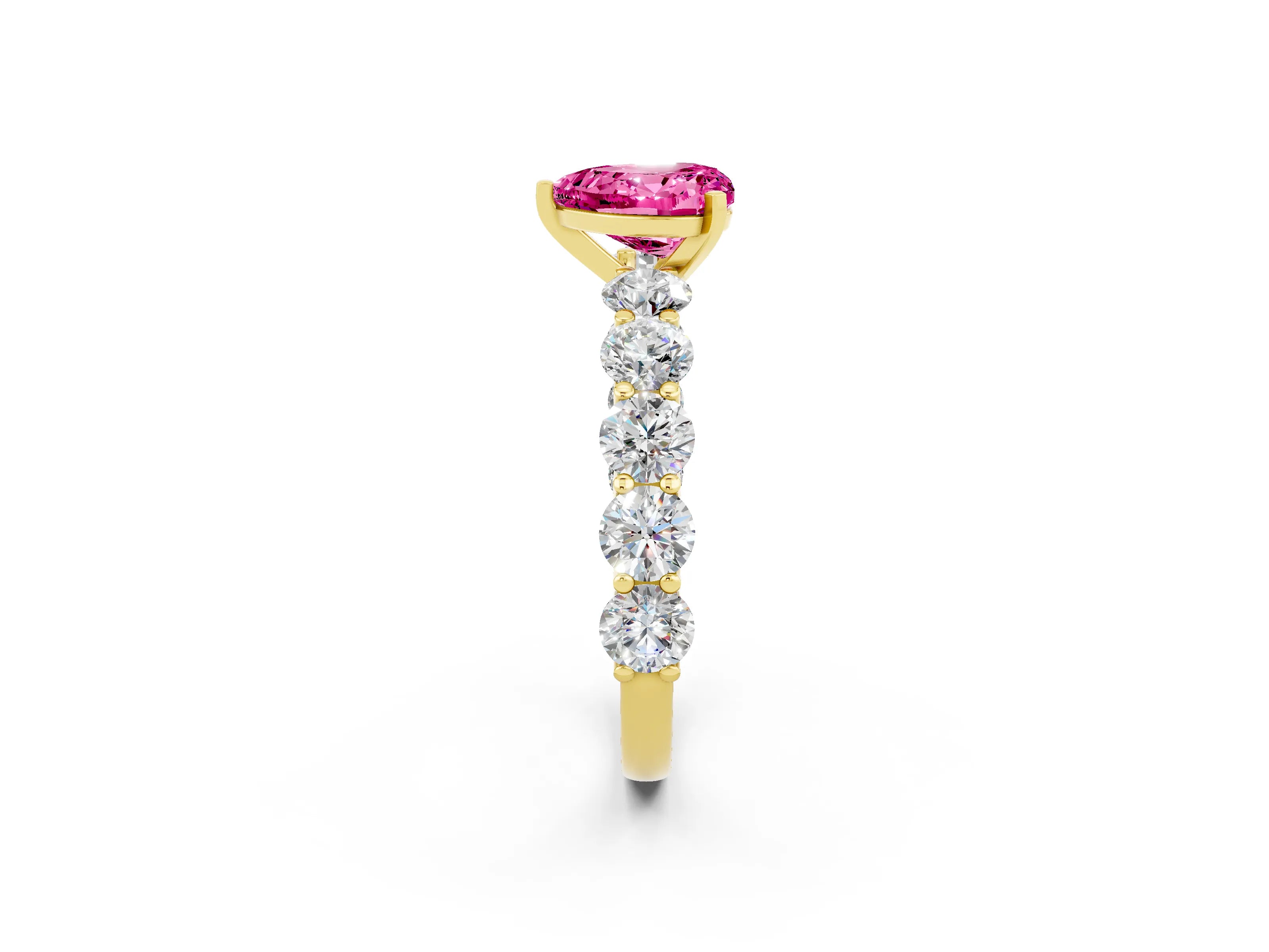 Yellow gold Heart Cut Pink Sapphire Prong Setting with Side Stones on a Pave Band_26