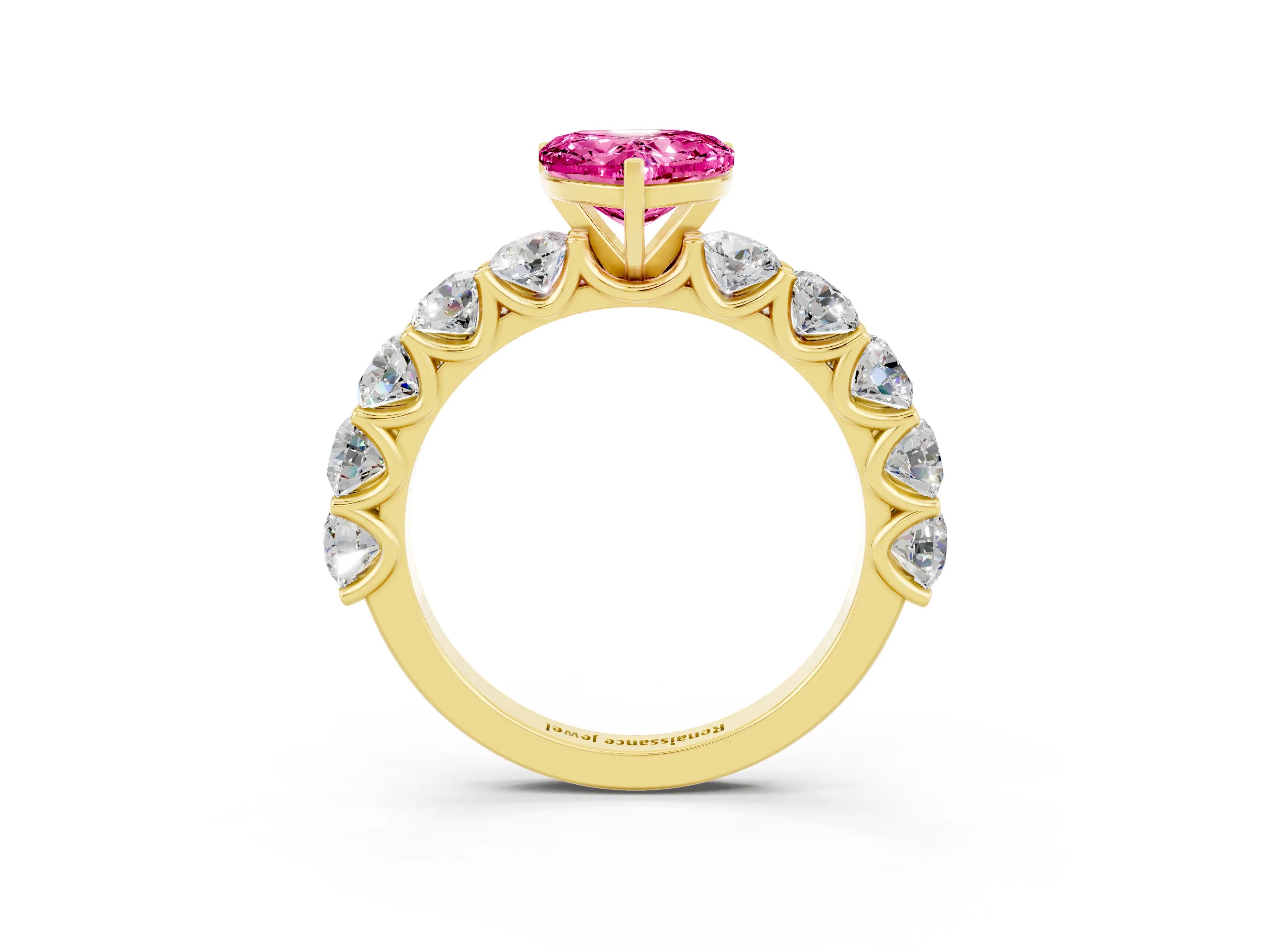 Yellow gold Heart Cut Pink Sapphire Prong Setting with Side Stones on a Pave Band_27