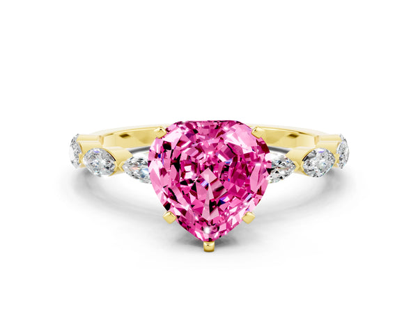 Yellow gold Heart Cut Pink Sapphire Ring with Marquise Side Stones and Prong Setting