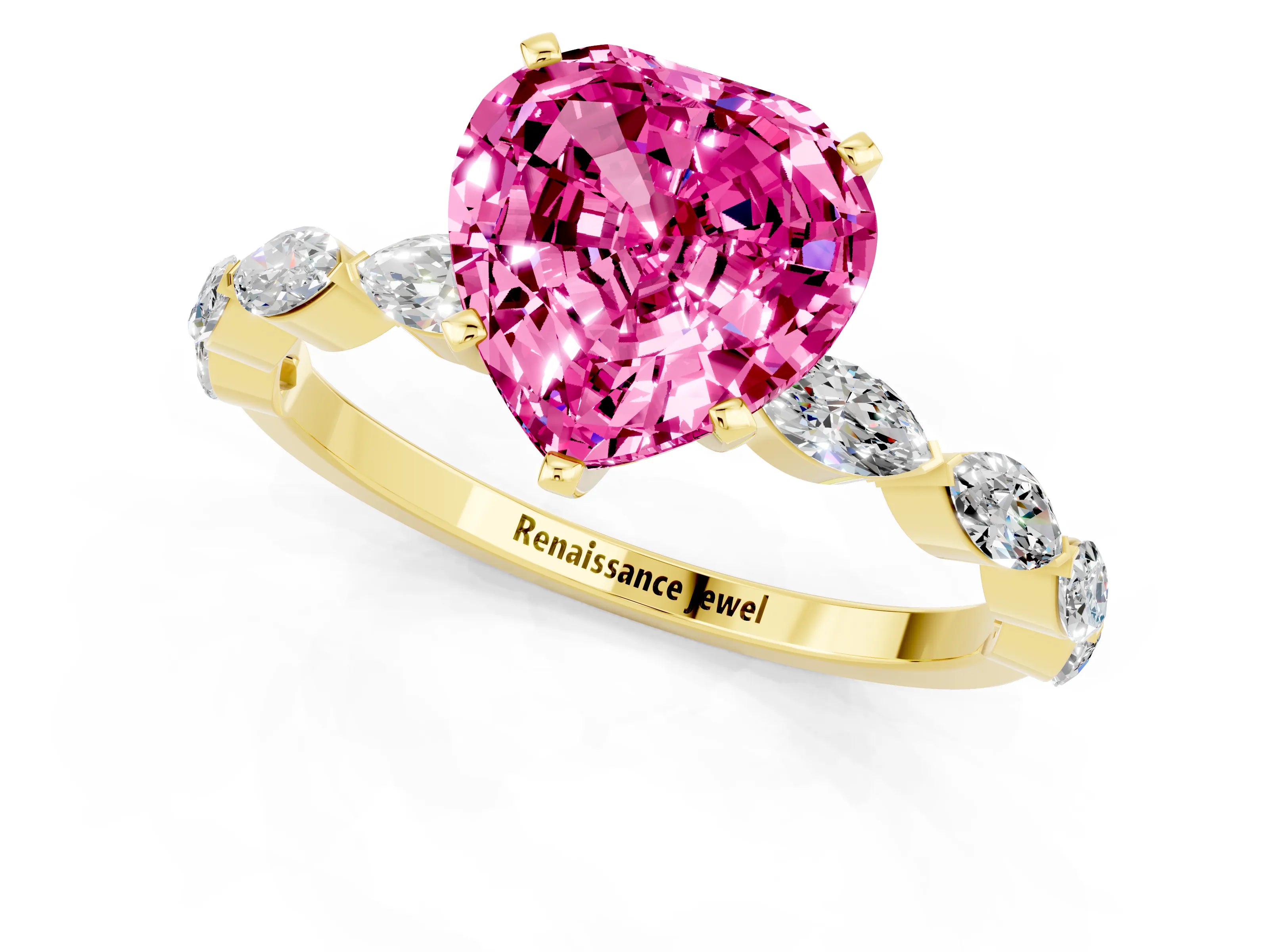 Yellow gold Heart Cut Pink Sapphire Ring with Marquise Side Stones and Prong Setting_13