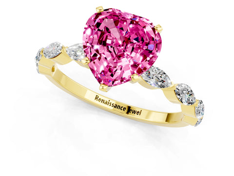 Yellow gold Heart Cut Pink Sapphire Ring with Marquise Side Stones and Prong Setting_13