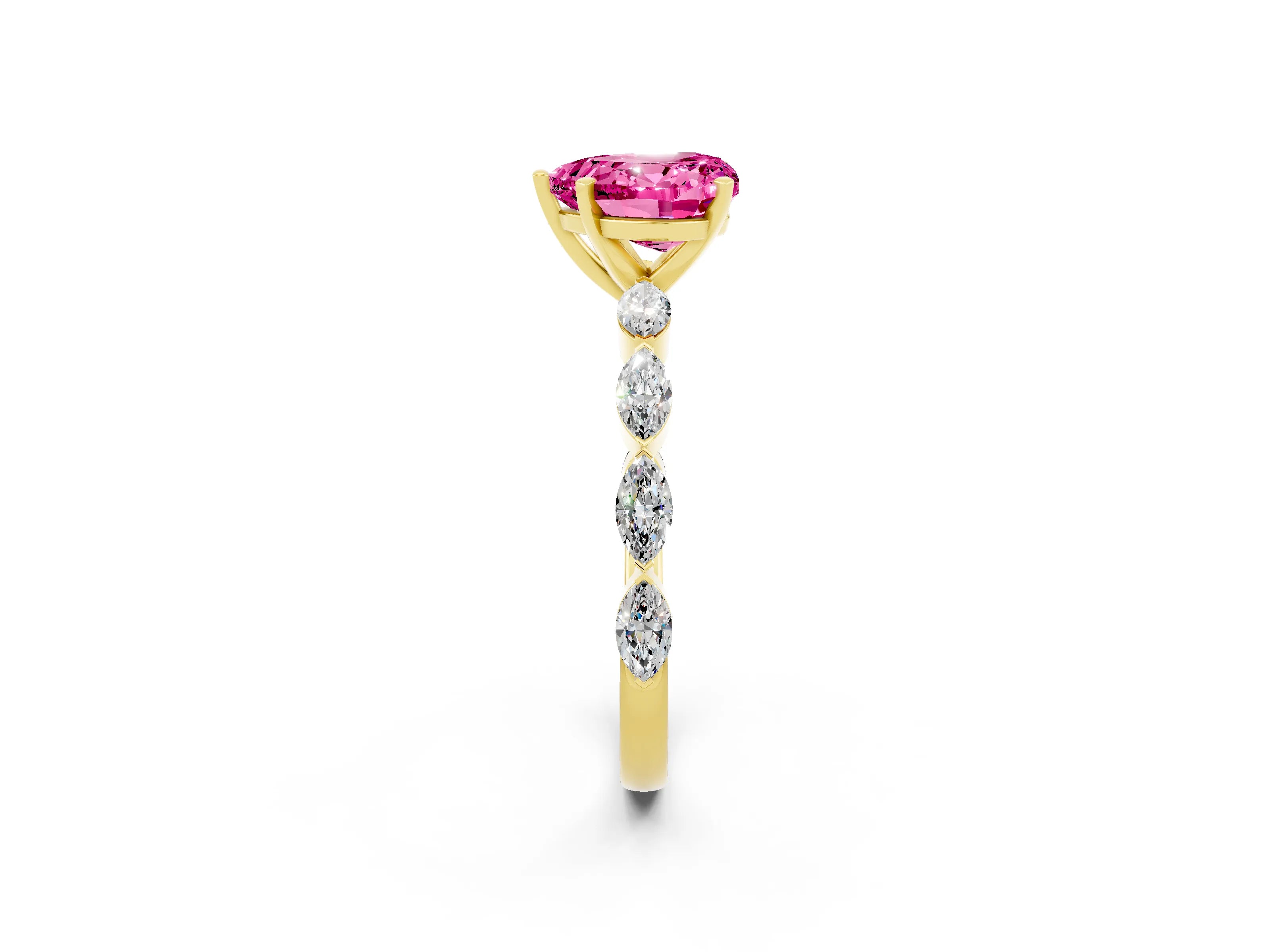 Yellow gold Heart Cut Pink Sapphire Ring with Marquise Side Stones and Prong Setting_14