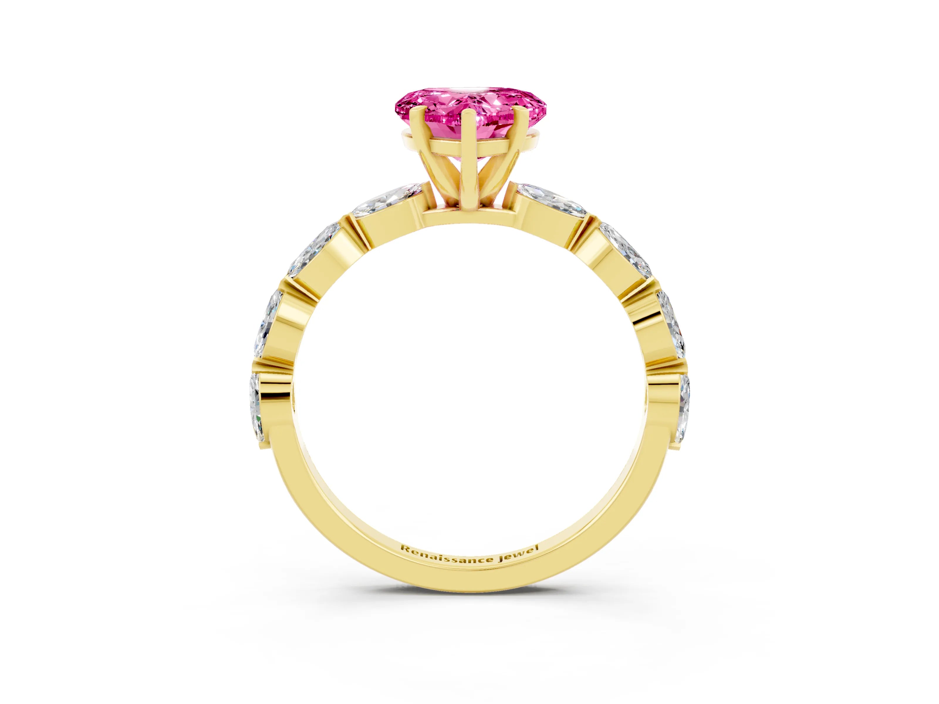 Yellow gold Heart Cut Pink Sapphire Ring with Marquise Side Stones and Prong Setting_15