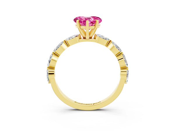 Yellow gold Heart Cut Pink Sapphire Ring with Marquise Side Stones and Prong Setting