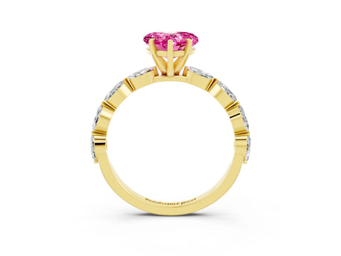 Yellow gold Heart Cut Pink Sapphire Ring with Marquise Side Stones and Prong Setting_15