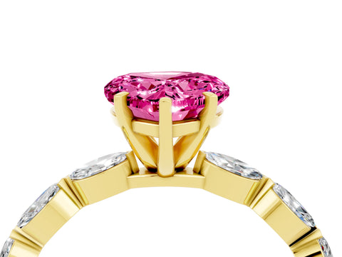 Yellow gold Heart Cut Pink Sapphire Ring with Marquise Side Stones and Prong Setting_16