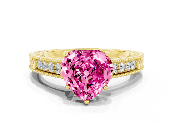 Yellow gold Heart Cut Pink Sapphire Ring with Milgrain Pavé Band and Four-Prong Setting