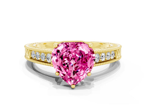 Yellow gold Heart Cut Pink Sapphire Ring with Milgrain Pavé Band and Four-Prong Setting_36