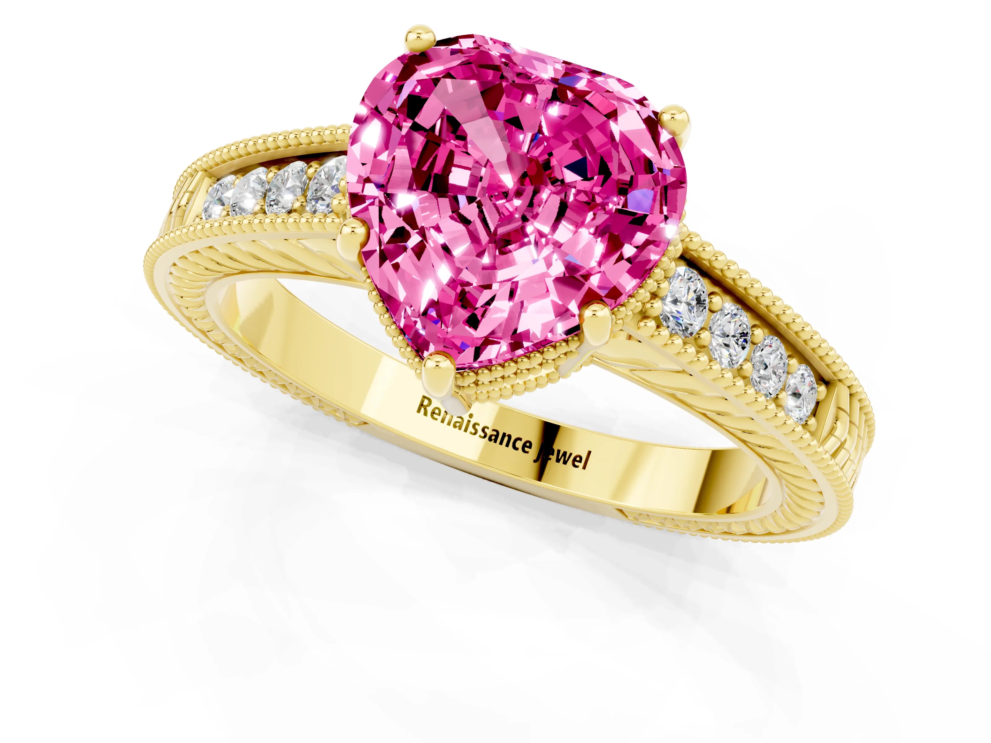 Yellow gold Heart Cut Pink Sapphire Ring with Milgrain Pavé Band and Four-Prong Setting_37