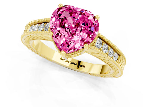 Yellow gold Heart Cut Pink Sapphire Ring with Milgrain Pavé Band and Four-Prong Setting_37