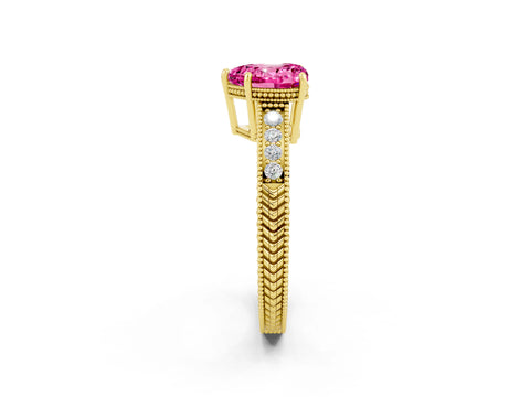 Yellow gold Heart Cut Pink Sapphire Ring with Milgrain Pavé Band and Four-Prong Setting_38
