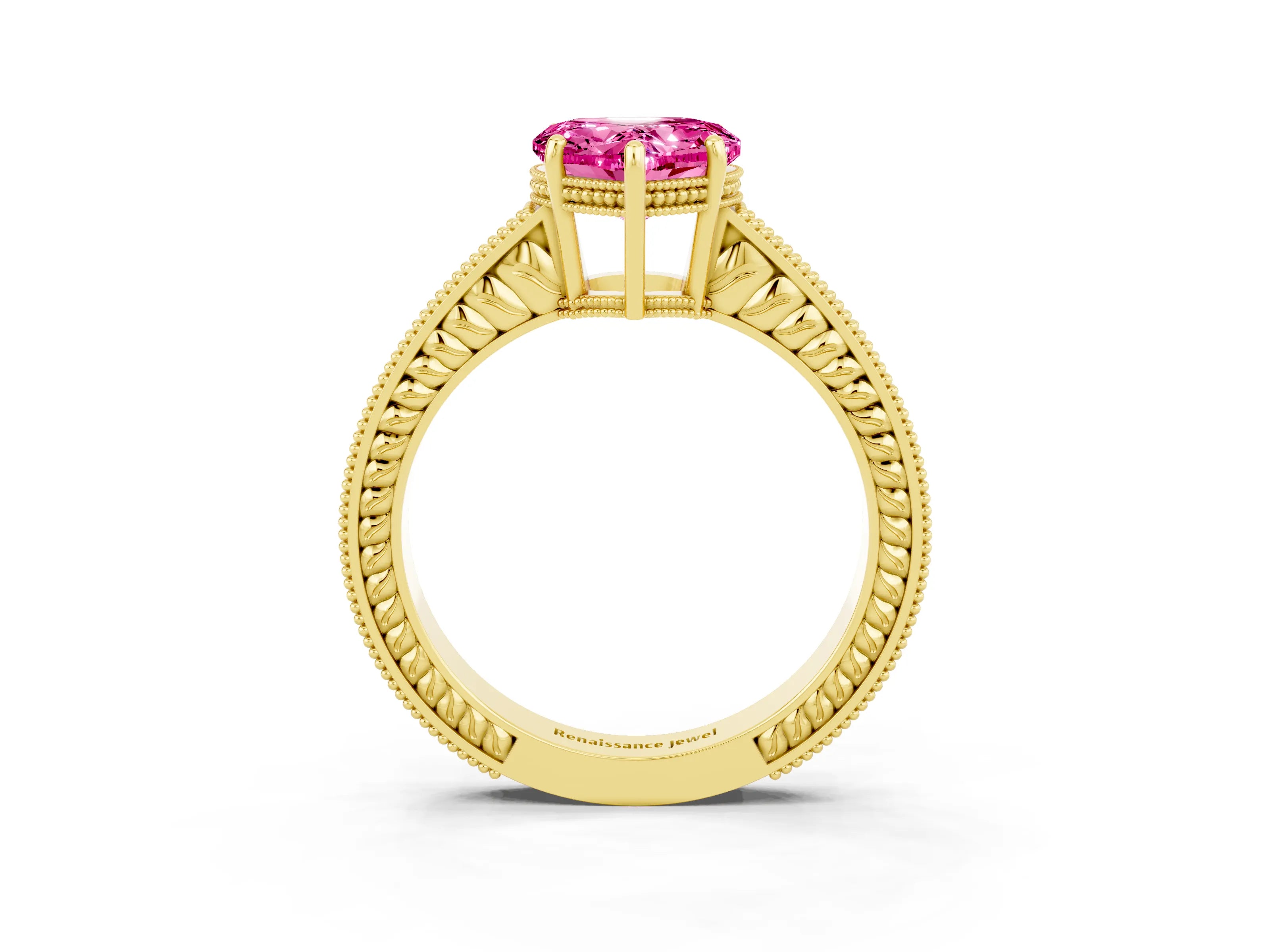 Yellow gold Heart Cut Pink Sapphire Ring with Milgrain Pavé Band and Four-Prong Setting_39