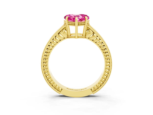 Yellow gold Heart Cut Pink Sapphire Ring with Milgrain Pavé Band and Four-Prong Setting
