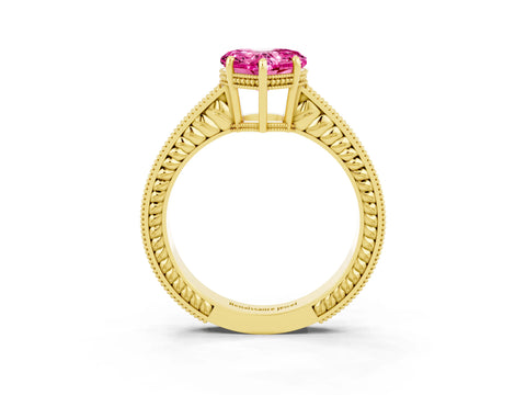 Yellow gold Heart Cut Pink Sapphire Ring with Milgrain Pavé Band and Four-Prong Setting_39